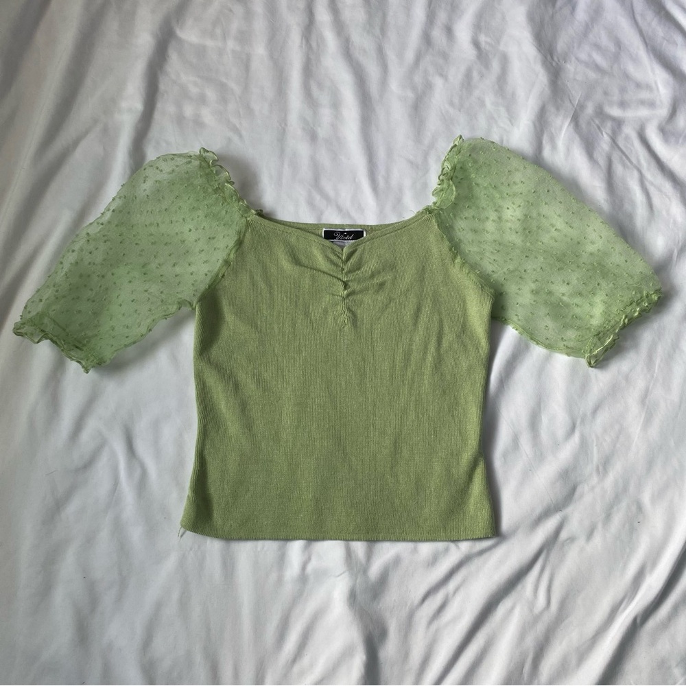 Light Green Blouse with Sheer Puff Sleeves